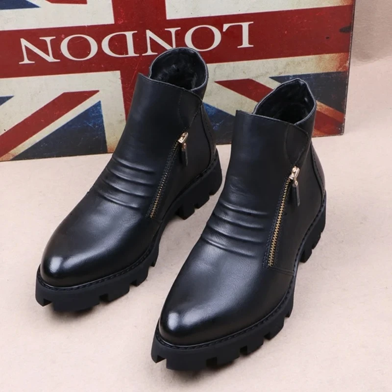 new fashion mens platform boots black genuine leather shoes outdoor warm cotton 