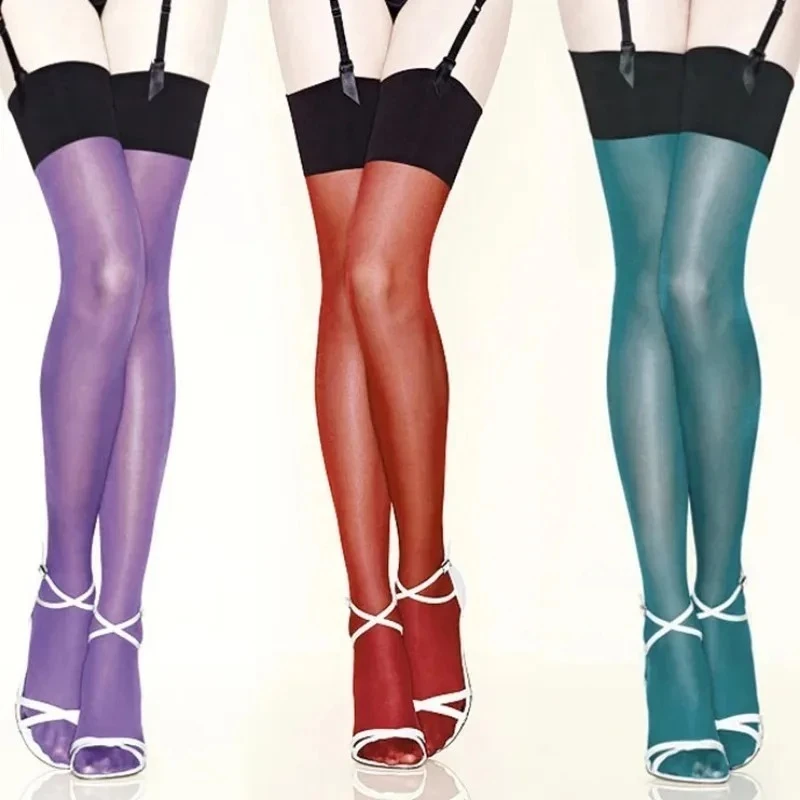 30D Multi-color Oil Shine Shiny Thigh High Women Vintage Stockings Sexy Over Kne