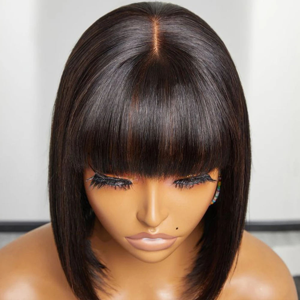 Short Bob WigShort Bob Wig 100% Human Hair With Bangs 3x1 Lace Middle Part Wigs 