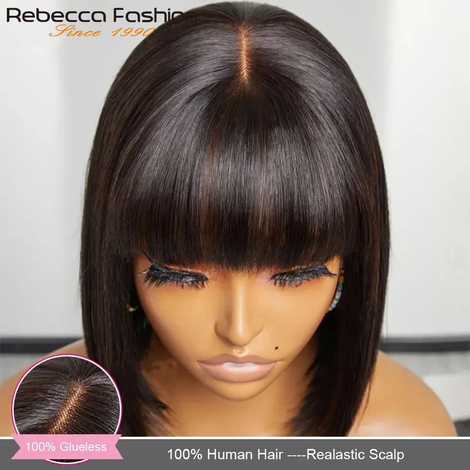 Straight Human Hair Wigs With Bangs Fringe Middle Part Bob Lace Wigs Realistic S