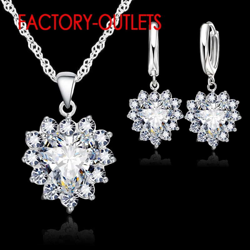 925 Sterling Silver Needle Cubic Zirconia Heart Pendant Necklaces Earrings Sets