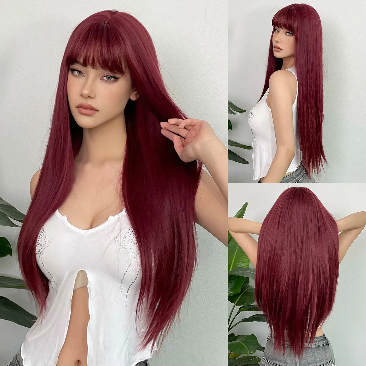 Dark Red Synthetic Wig Long Straight Bangs Natural Hair Cosplay Party Halloween 