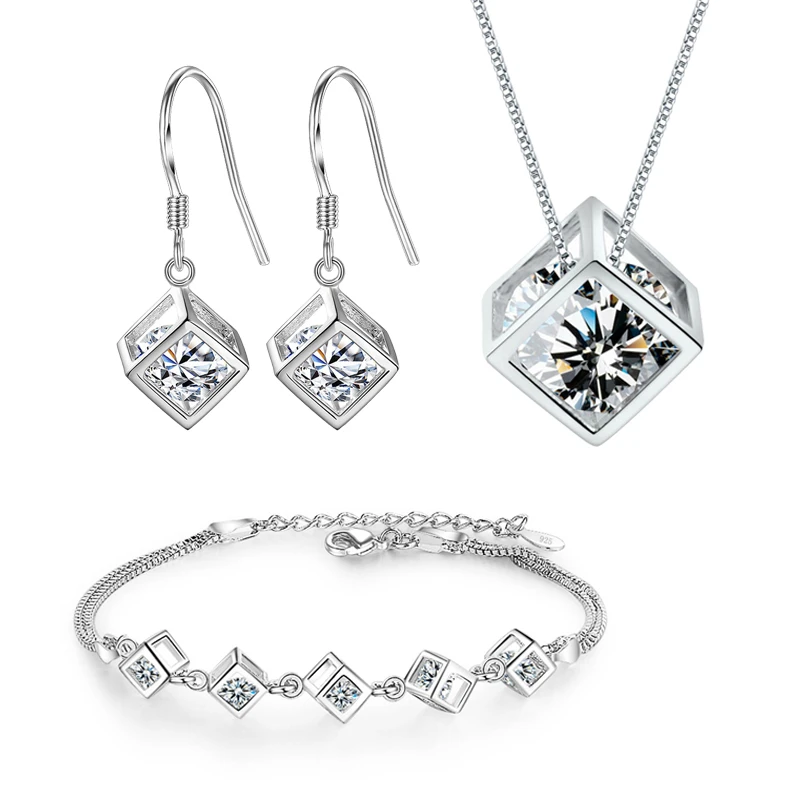 Real 925 Sterling Silver Drop Earrings Square Crystal Pendant Necklace Extend Br