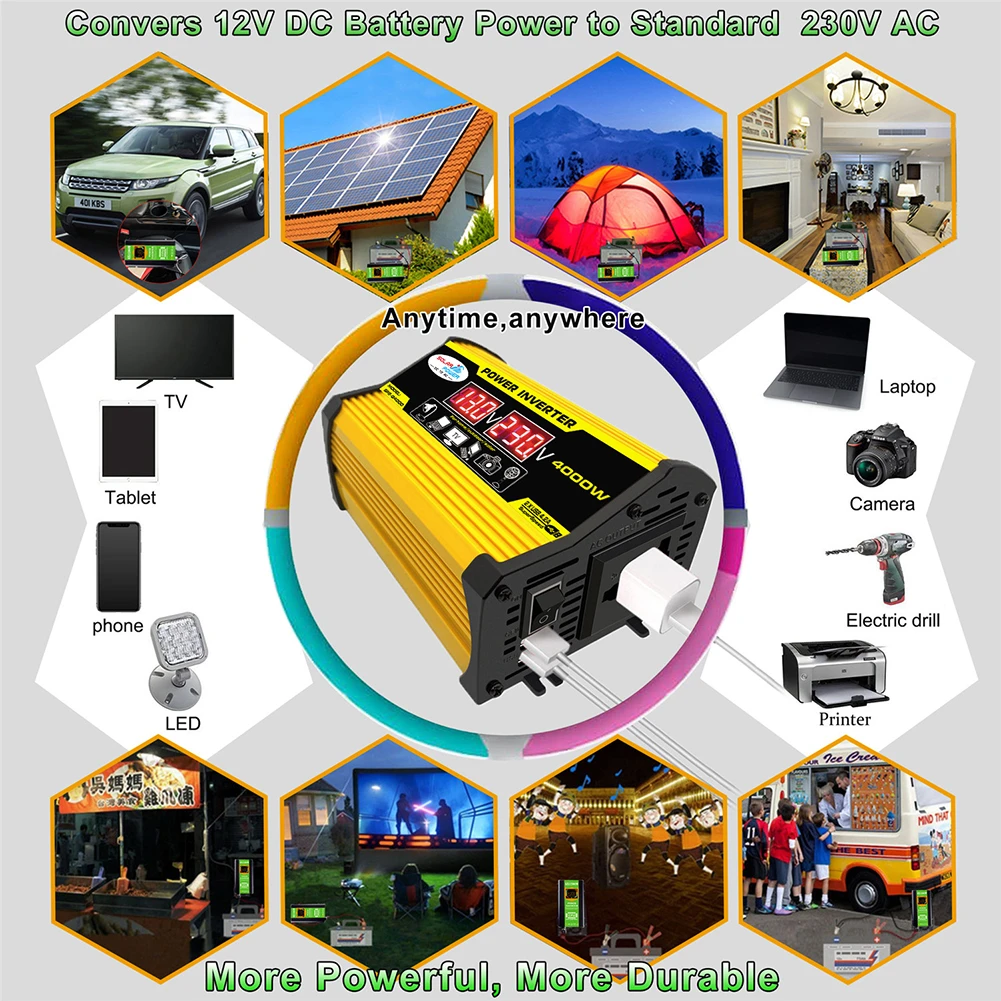 Voltage Display 4000W Car Power Inverter 12V to AC 220V 110V Dual USB Converter