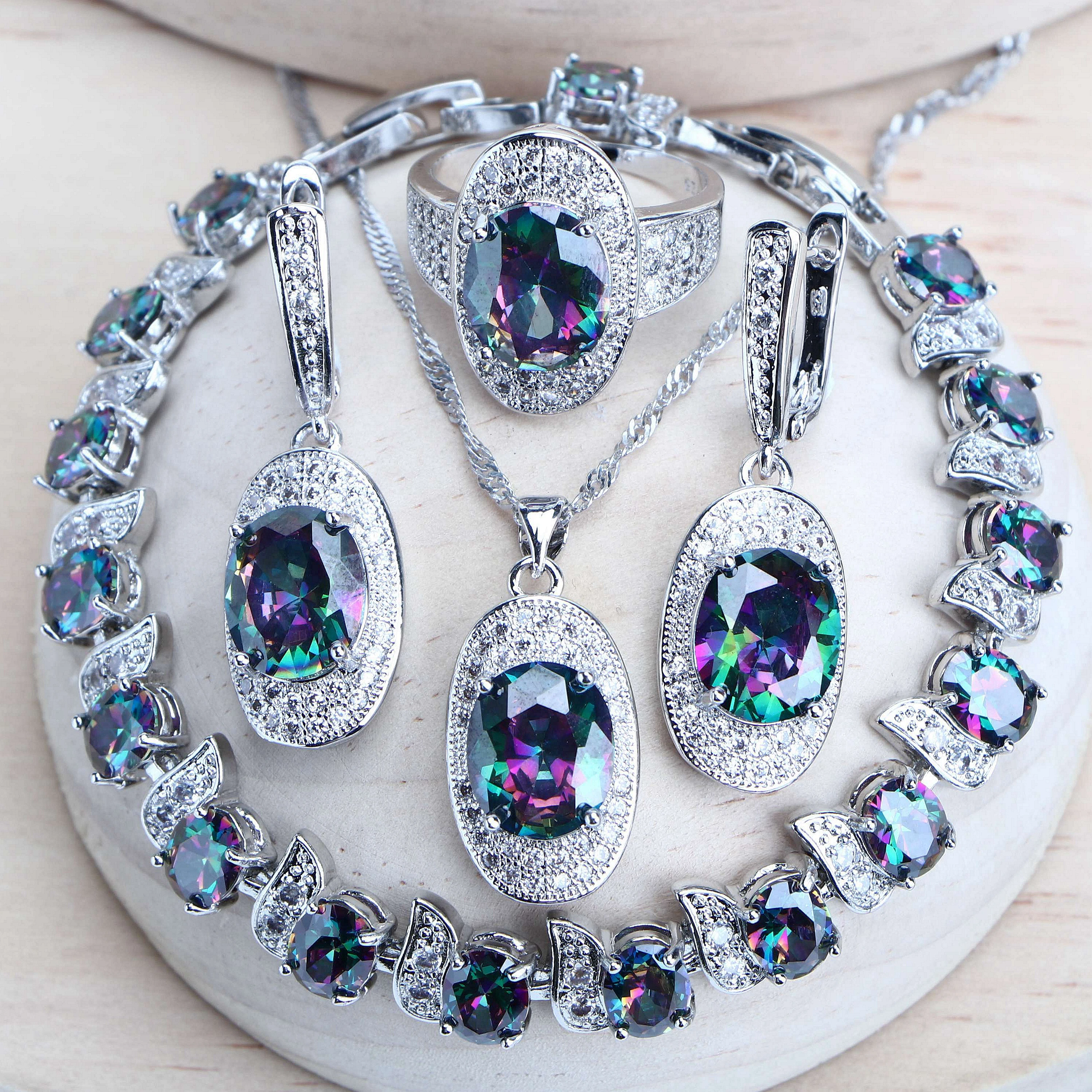 Silver 925 Women Bridal Jewelry Sets Rainbow Cubic Zirconia Costume Jewellery We