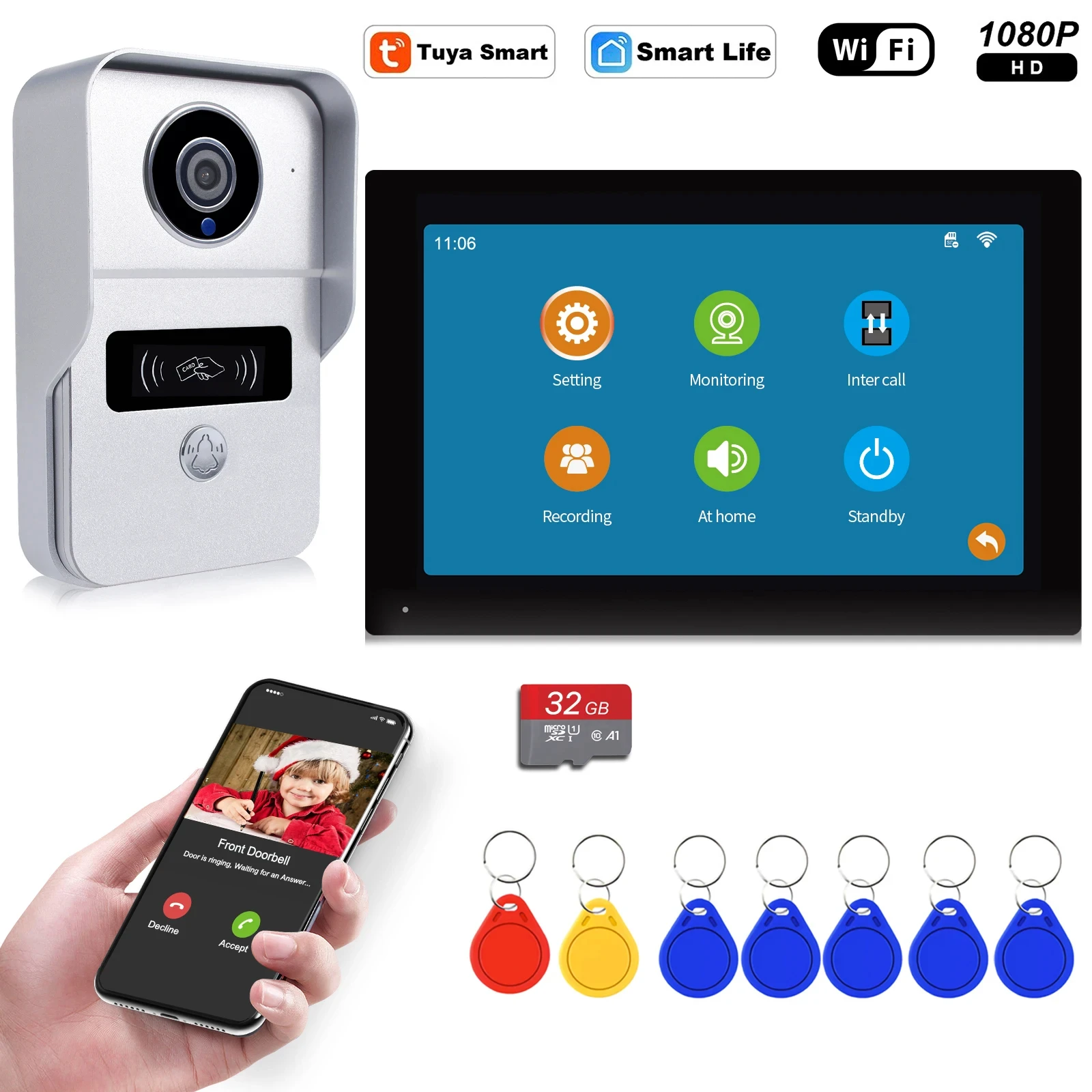 Wireless Wifi Video Doorbell System, 1080P Doorphone Door Camera, 7 Inch Touch S
