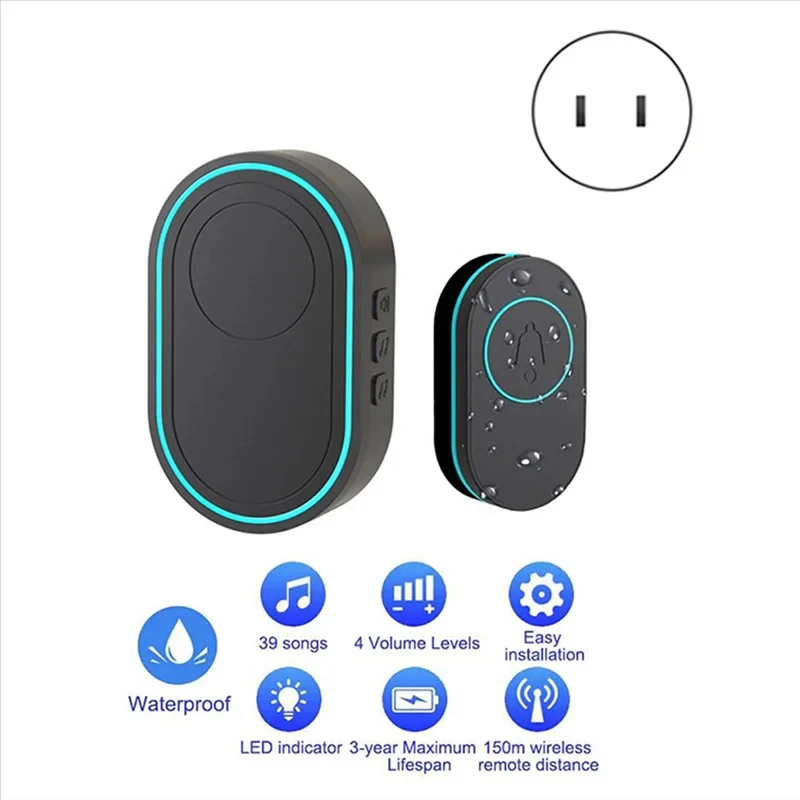 FEDI-Wireless Doorbell 433Mhz Waterproof Button Adjustable Volume 36 Melodies Ri