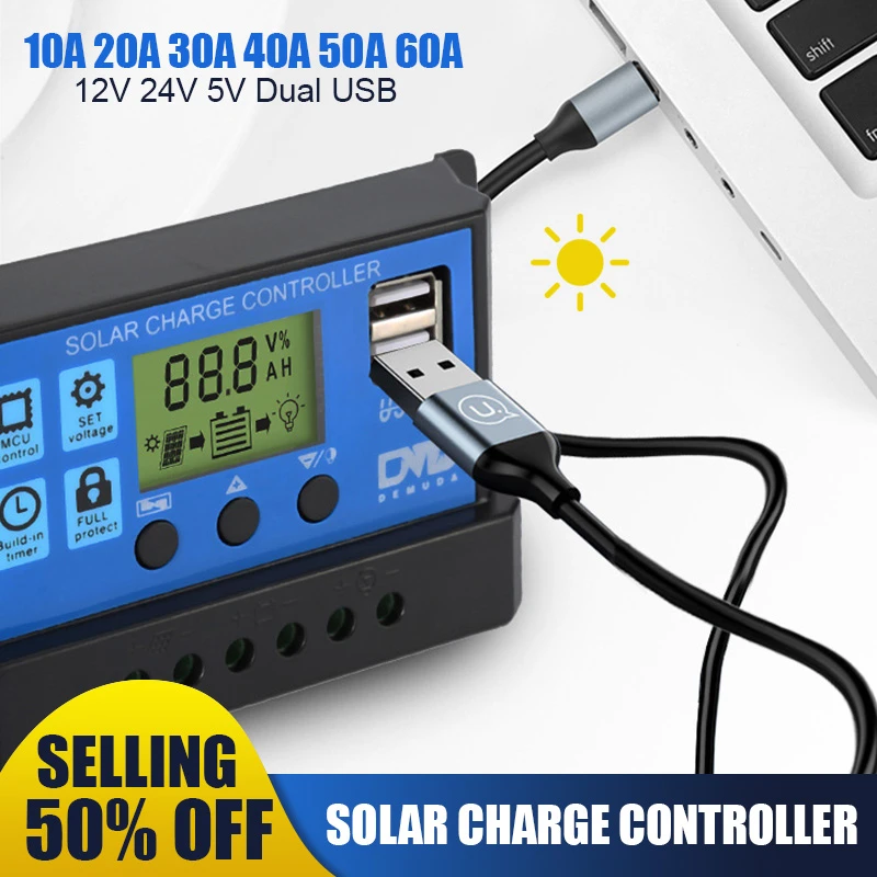 Efficient Solar Controller 12V 24V 60A 50A 40A 30A 10A Solar Voltage Regulator P