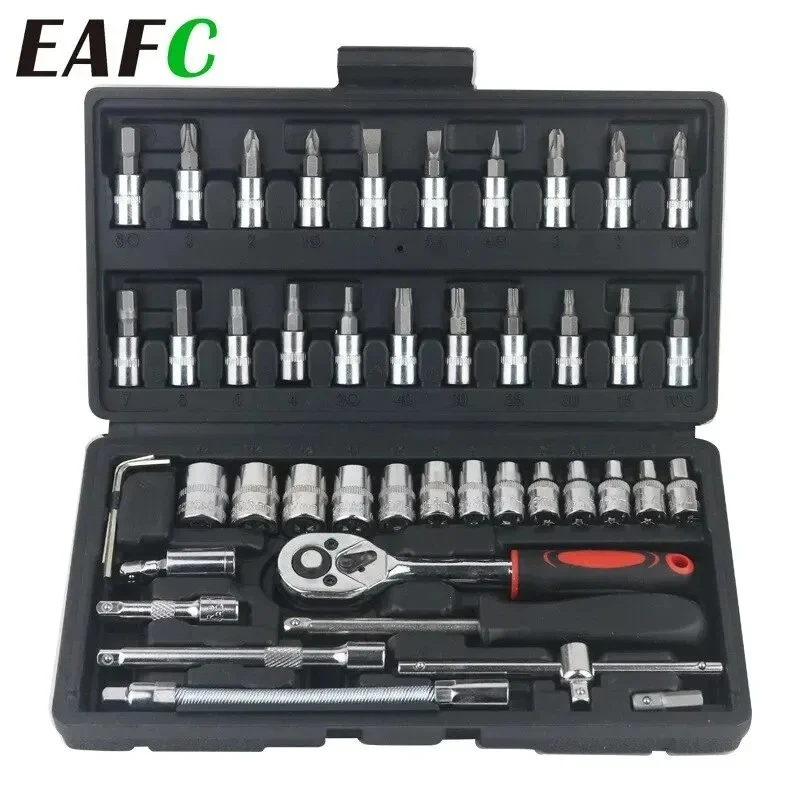 46pcs Car Repair Tool Kit 1/4-Inch Socket Set Car Repair Tool Ratchet Torque Wrench Combo Auto Repair Set Mechanical Tool