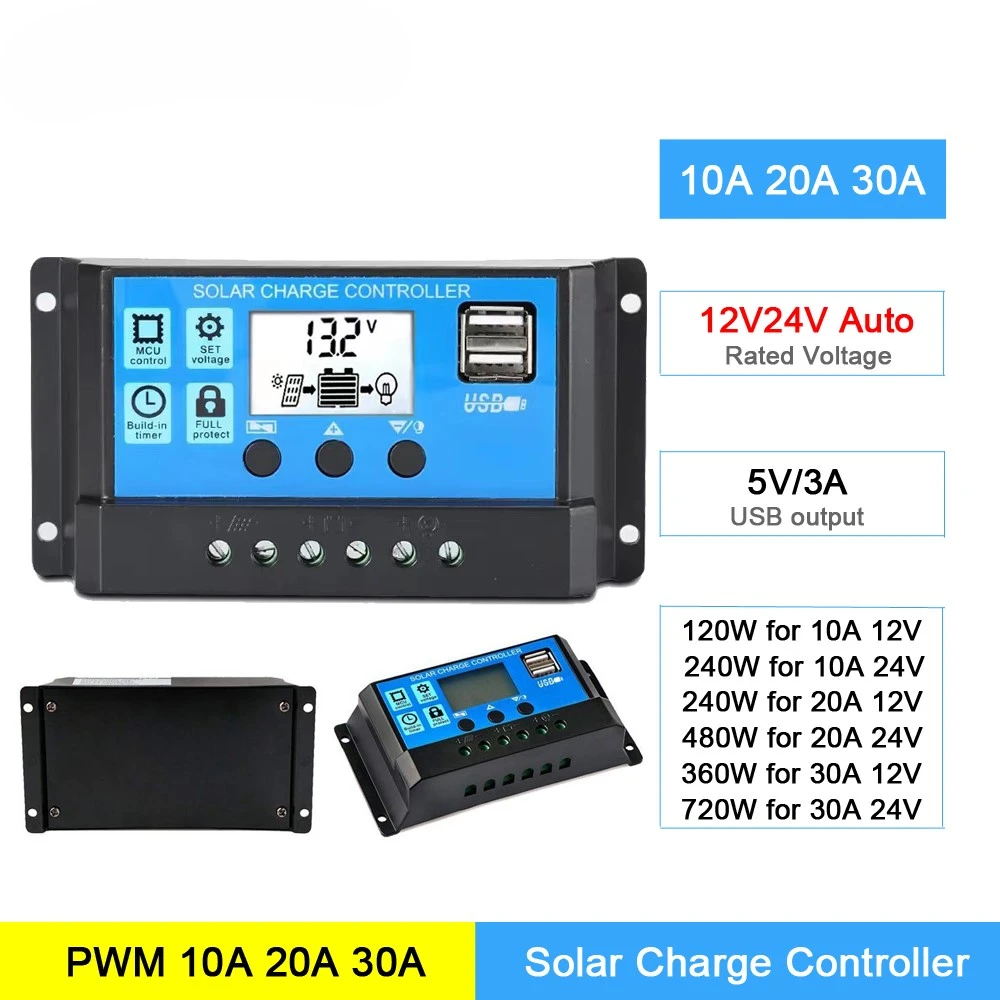 30A20A10A Solar PV Charge Controller 12V24V with LCD display and double USB PWM Solar PV Regulators Battery Chargers