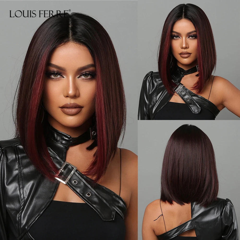 Short Burgundy Highlight Bob Synthetic Wigs for Black Women Middle Part Ombre Red Straight Wig Natural Red Fake Hair