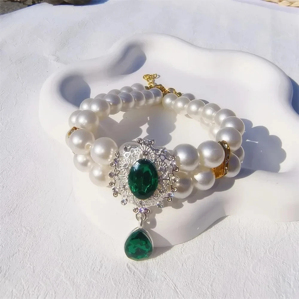1pc Luxury Double Layer Pearl Pet Necklace with Diamond Pendant Wedding Costume Dog Cat Crystal Jewelry Accessories Pet Supplies