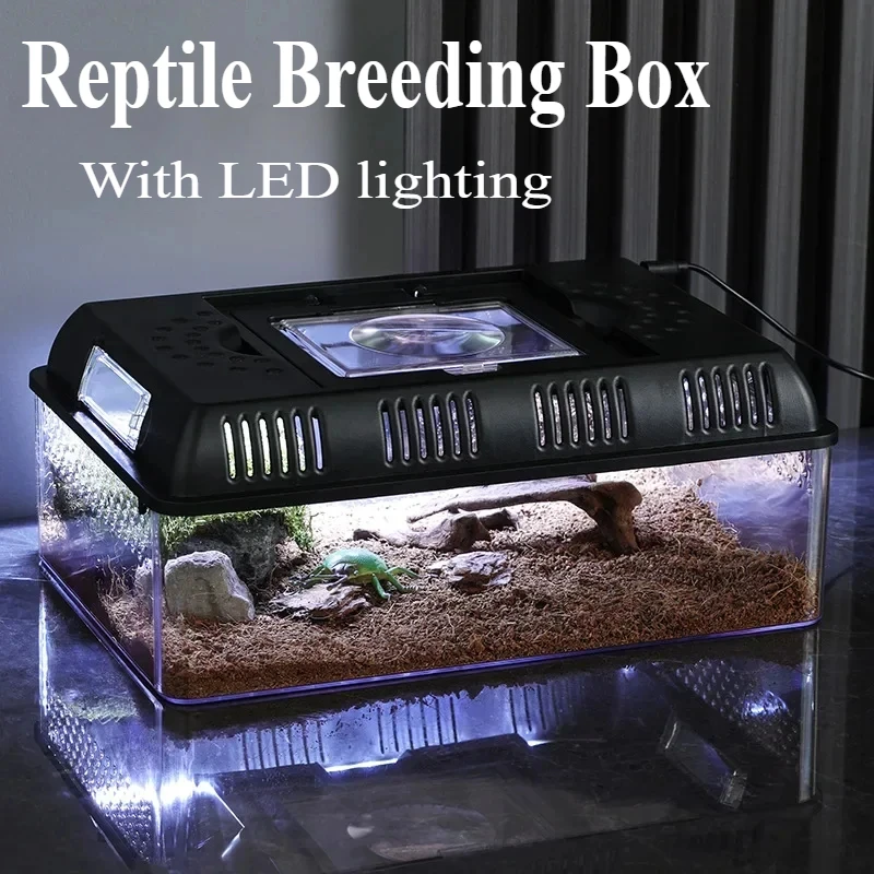 Transparent LED Light Reptile Breeding Box Pet Cage Breathable Feeding Portable Lamp Box Snake Turtle Lizard Anti-escape Cages