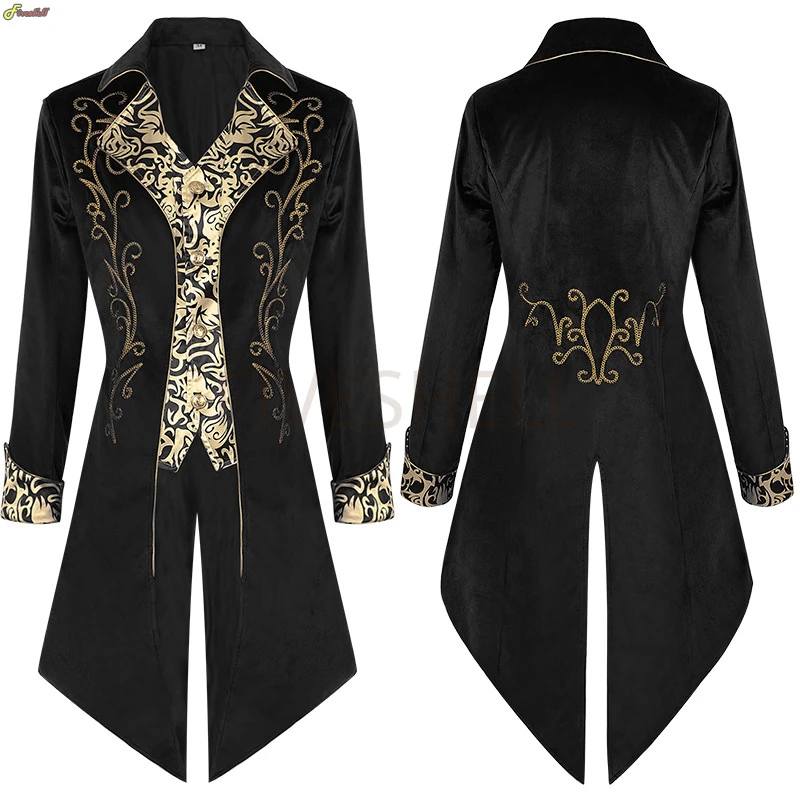 Red Black Purple Colors Men's Steampunk Style Retro Design Mid-length Tailcoat Jacket Gothic Era Frock Uniform Jacket