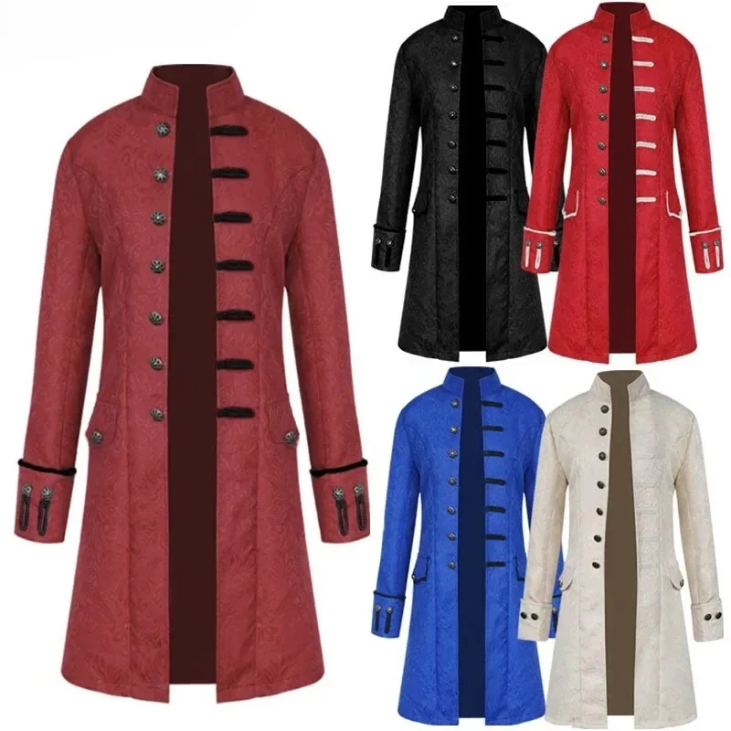 Men's Medieval Trench Retro Coat Single-breasted Uniform Gothic Stand Collar Renaissance Jacquard Outwear Halloween Costume