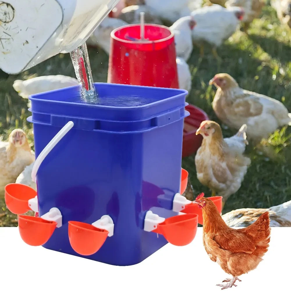 10L Blue Chicken Duck Goose Bucket Chicken Feeder and Waterer with 8Auto-Fill Cup for Poultry Chicken Bucket Automatic Drinker