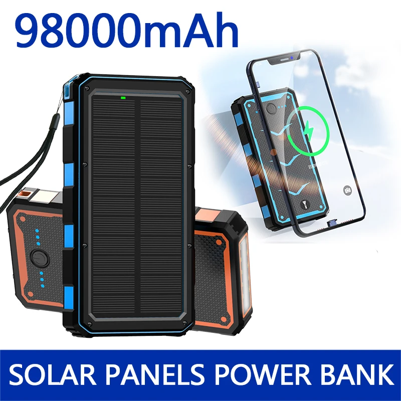 Power bank Wireless charging mobile power supply 98000mAh with Camping Lamp Mobile Phone Charger USB Battery Solar panel