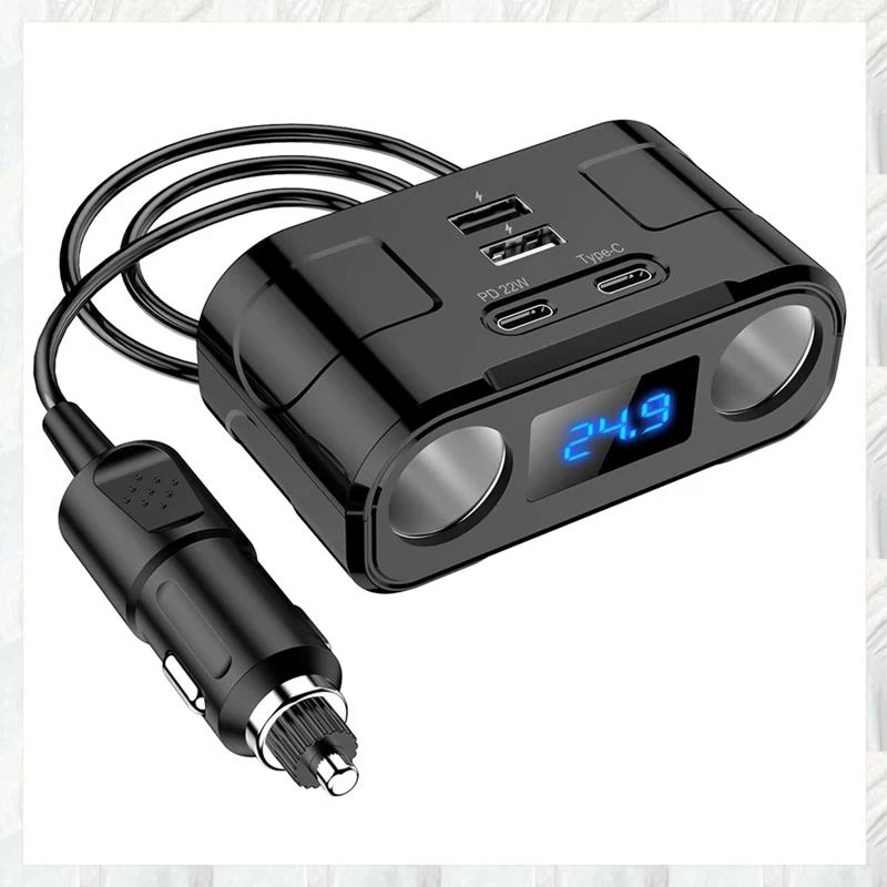 Car 60W Power Adapter With 2 Sockets, 2 USB & 2 Type C Ports, PD 22W Fast Charging With Voltage Detection For Phones
