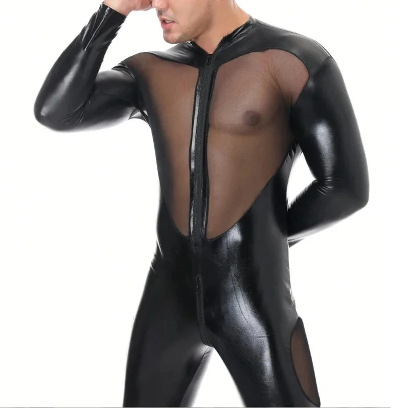 Sexy Mens Mesh Leather Lingerie Jumpsuits Erotic Body Wear Night Club Wear for Men Front and Back Transparent Tight Bodysuit