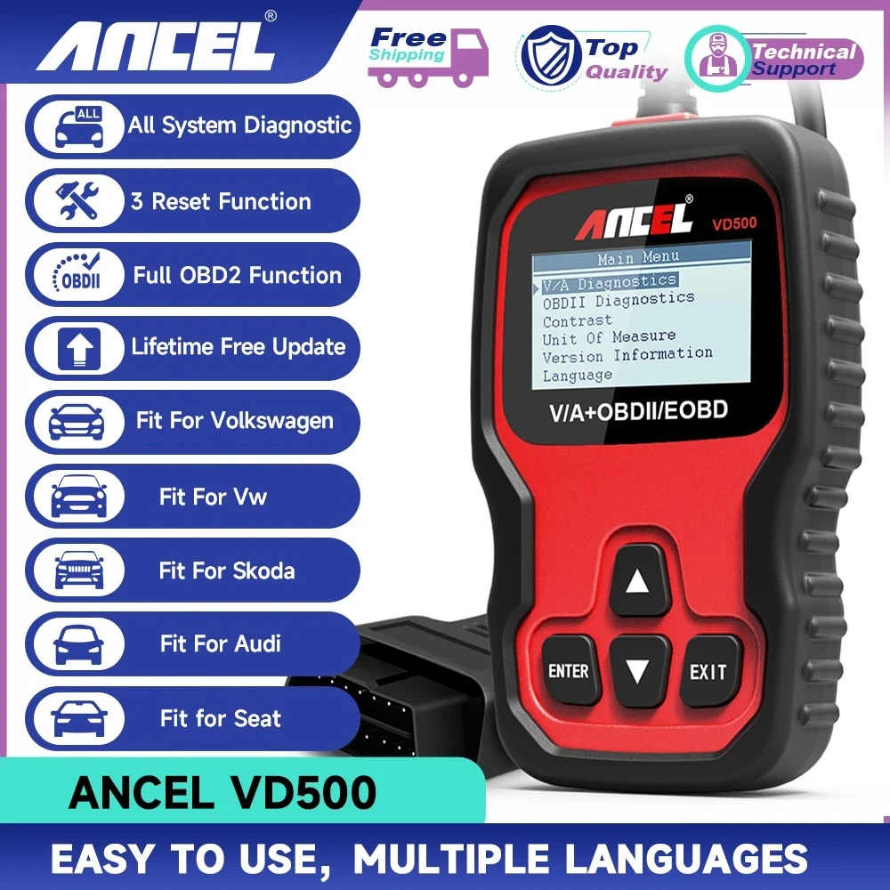 ANCEL VD500 Automotive OBD2 Scanner for VW/Audi All System Code Reader ABS EPB Oil Reset Car Diagnostic Tools For VAG Skoda