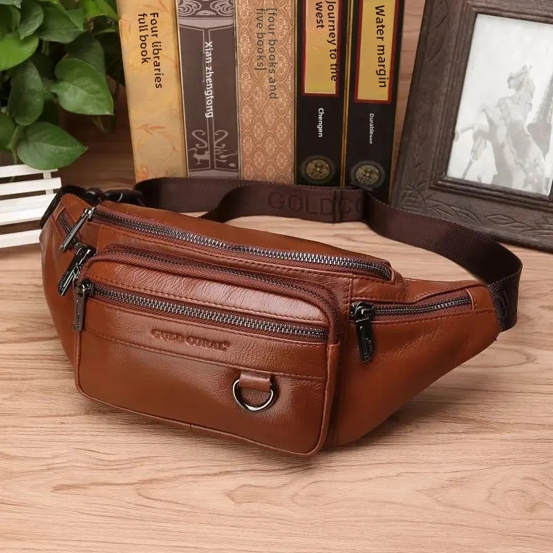 Men's Genuine Leather Waist Pack Multi-Functional Sporty Dumpling Shape Mobile Phone Waist Bag Large Capacity Casual Bag