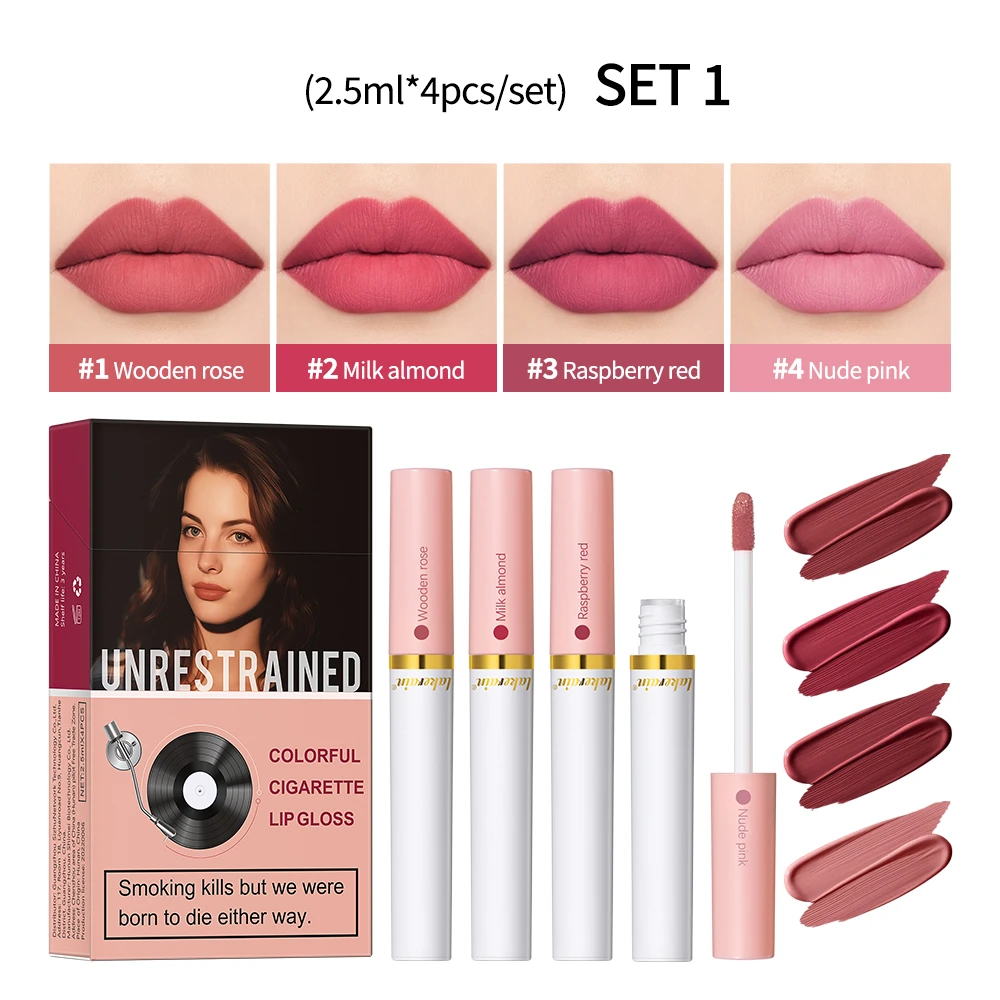4pcs/set Velvet Lip Gloss Matte Liquid Lipstick Waterproof Long Lasting Tint Cigarette Tube Pigment Red Pink Makeup