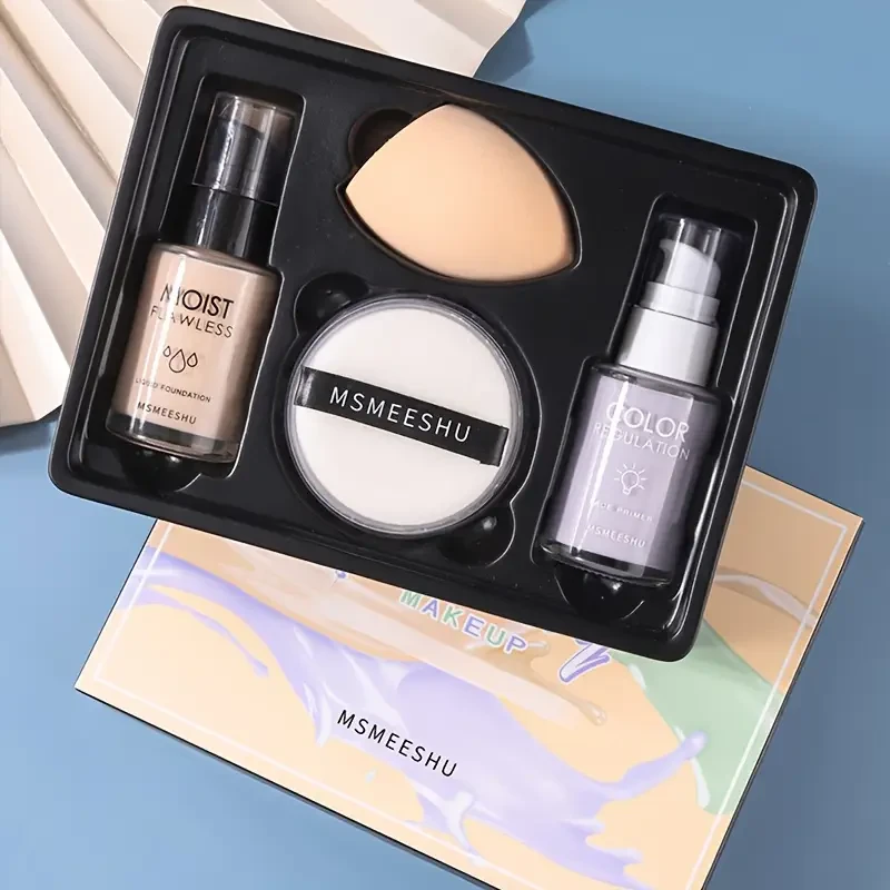 4 in1 Makeup Set Long Lasting Foundation Concealer Loose Powder and Makeup Sponge Set,Moisturizing,Perfect Gift for Makeup