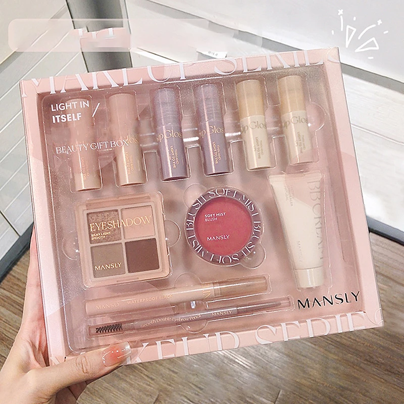 11PCS Makeup Set Eyeshadow Blush Matte Lip Gloss Natural Eyebrow Pencil Eyeliner Moisturising BB Cream Beginner Makeup Gift Box