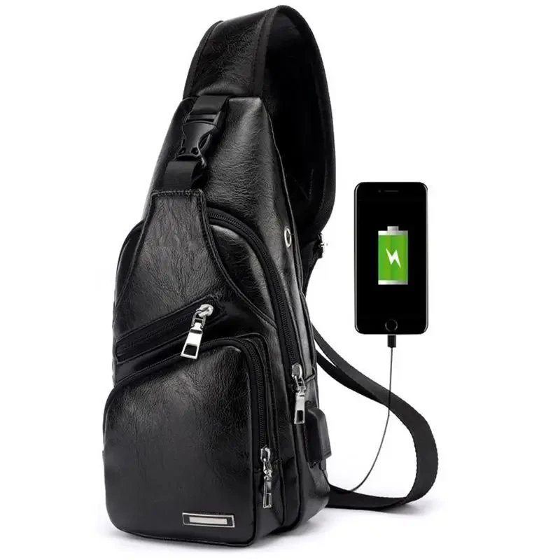 Men's Chest Bag USB Charging Anti-Theft Casual Retro PU Single Shoulder Outdoor Cycling Sport Crossbody Bag