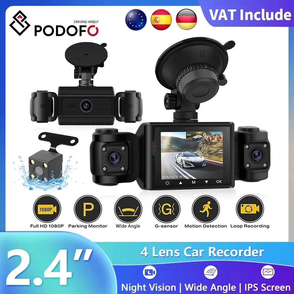 Podofo 2.4"IPS Car DVR 4 Cameras Recorder Rear Vehicle 4-Lens Dash Cam 3 Channel Video 1080P HD 360 Degrees Rear View Camera