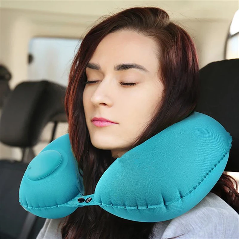 Foldable U-Shape Travel Pillow Automatic Air Inflatable Airplane Pillows Ring Pillow Press Type Bed Pillows Neck Cushion