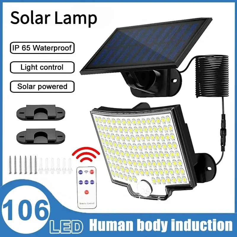 106 LED Solar Light Outdoor Waterproof with Motion Sensor Floodlight Remote Control 3 Modes for Patio Garage Backyard