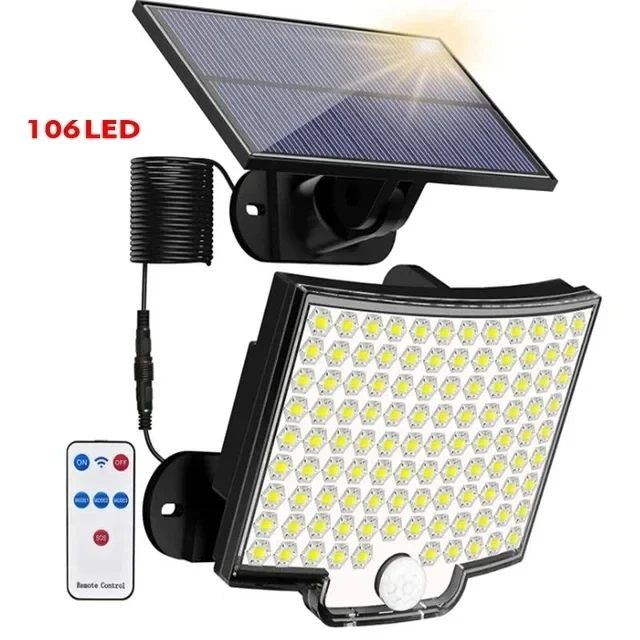 Solar Light 106LED Outdoor Waterproof With Motion Sensor Floodlight Remote Control 3 Mode for Patio Garage Backyard