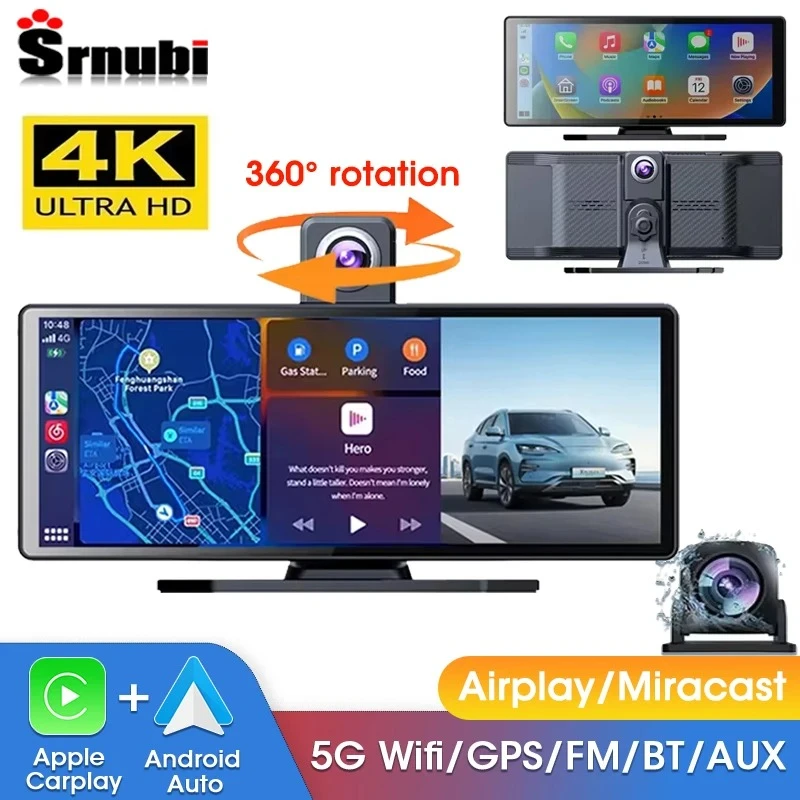 10.26" 4K Car Dvr Carplay Android Auto GPS 5G WIFI FM BT Dash Cam 360 ° Rotation Dual Lens Dashcam Truck Camera Drive Recorder