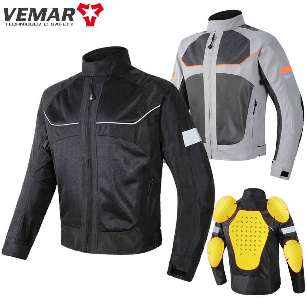 Vemar Men Motorcycle Jacket Summer Breathable Mesh Moto Jacket Protective Gear Motorcycle Coat Motorbike Clothing Jacket Black