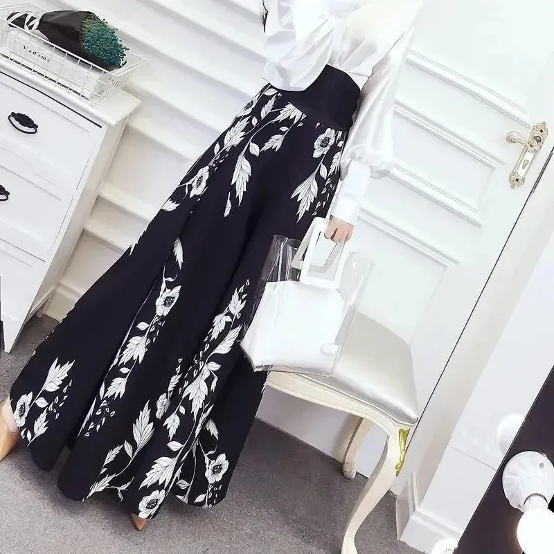 Women's Summer Fashionable Wide Leg Pants Slimming Print High Waist Draping Long Skirt Pants Korean Style Elegant