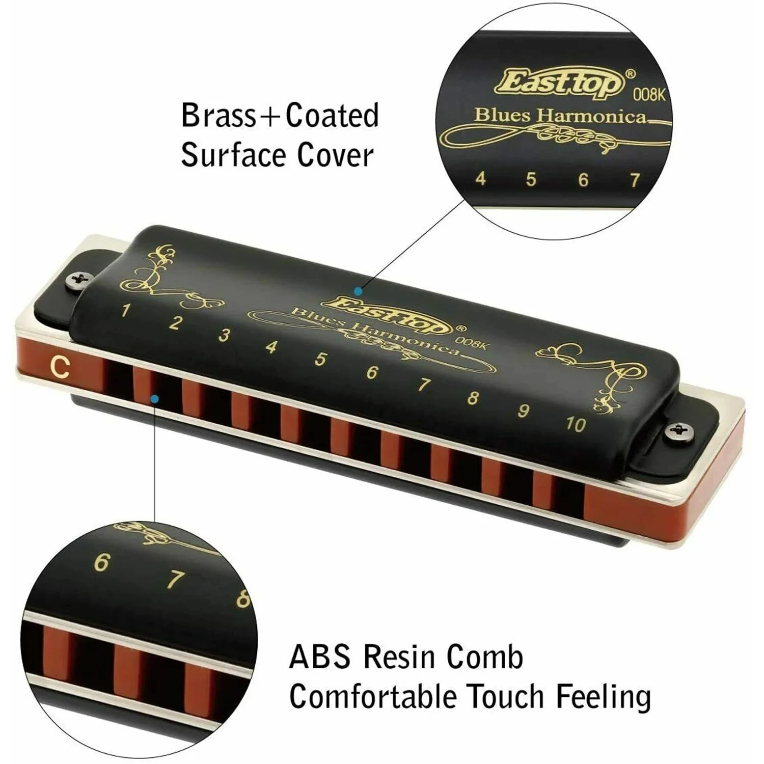 Durable Easttop T008K 10 Hole Diatonic Harmonica In C 1.2Mm Reeds Easy Bending & Bright Sound Blues, Rock Ready