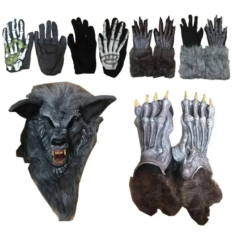 Halloween Terror Wolfman Accessories Gloves Foot Covers Headwear Zombie Play Props Skeleton Hand Gloves Special Effect Costumes
