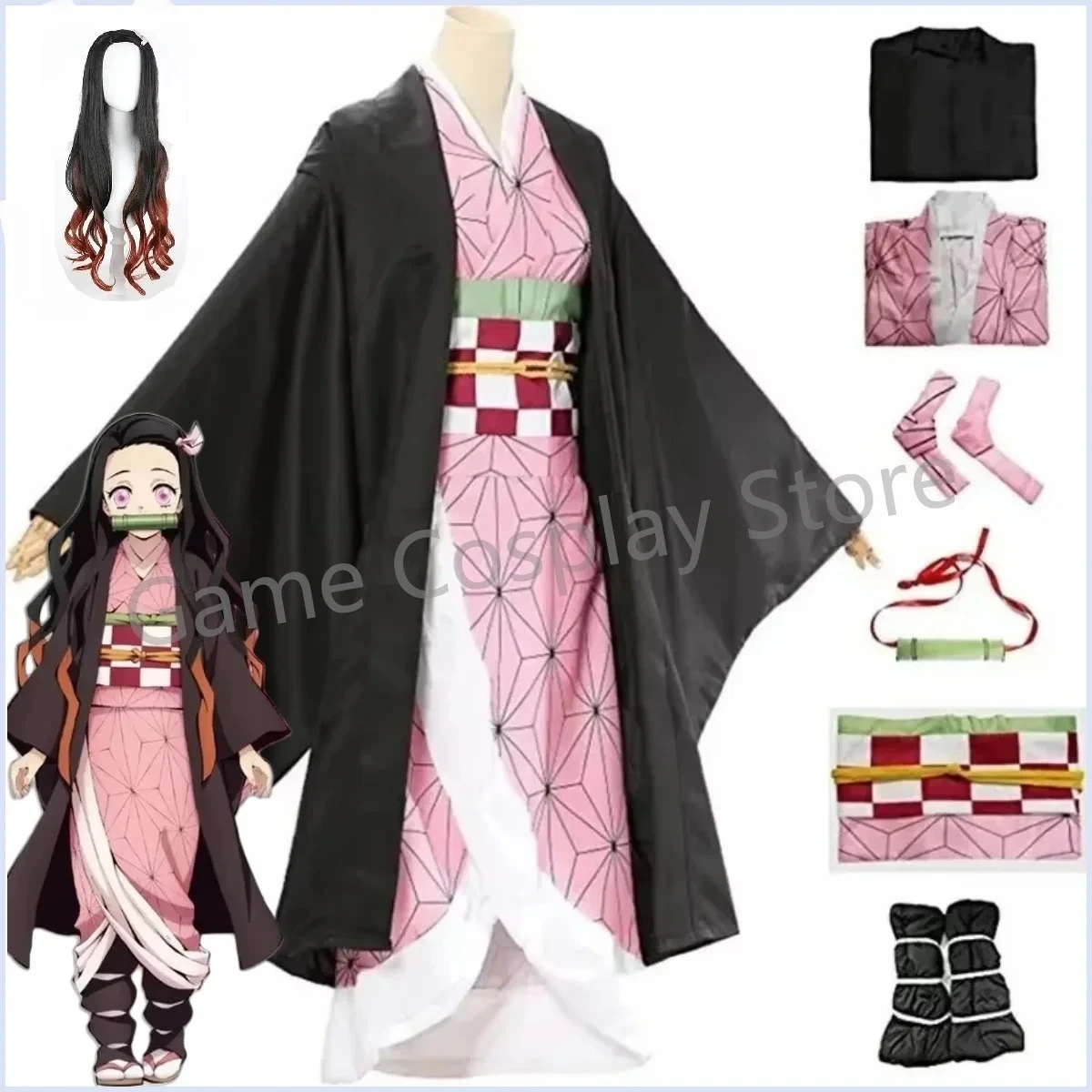 Cosplay Costume Nezuko Wig Uniform with Props for Adult Kids Halloween Carnival Costumes