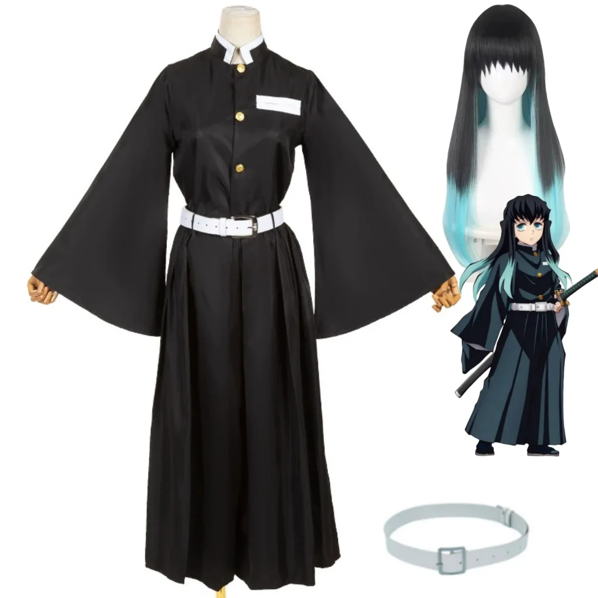 Anime Tokitou Muichirou Cosplay Costume Black Long Sleeves Fight Uniform Dress Gradient Wig Man Woman Carnival Christmas Suit