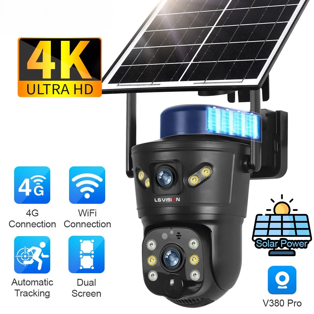 LS VISION 8MP 4G Sim Solar Camera Dual Screen Wirelless Outdoor WiFi PTZ 2-Way Talk Human Auto Tracking Security Camera