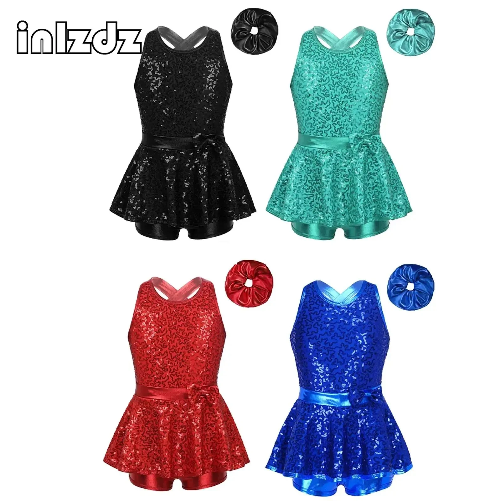 Kids Girls Jazz Latin Ballet Dance Set Sleeveless Sequined Shorty Unitard Dress Moden Samba Rumba Tango Salsa Cha-Cha Dancewear