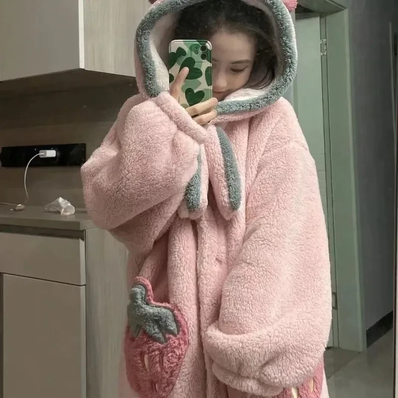 Strawberry Robe Women Sleepwear Fleece One Piece Pajama Winter Nightdress Night Wears Warm Nightgown Hooded Sleeping Homewear