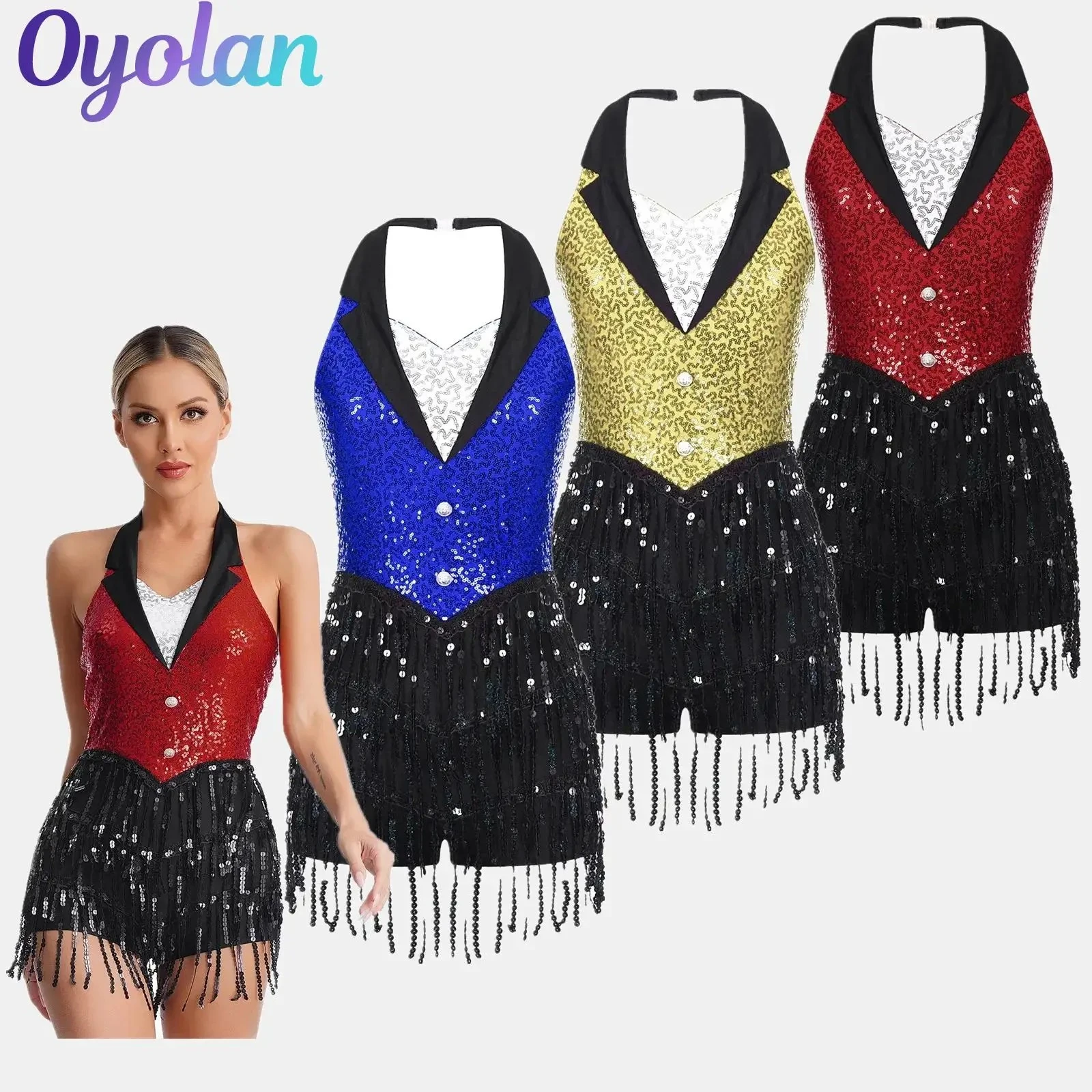 Womens Sequins Leotard Cha-cha Ballroom Dancewear Ballet Swing Dance Skirt Dress Tassel Fringe Latin Dance Leotard Costume