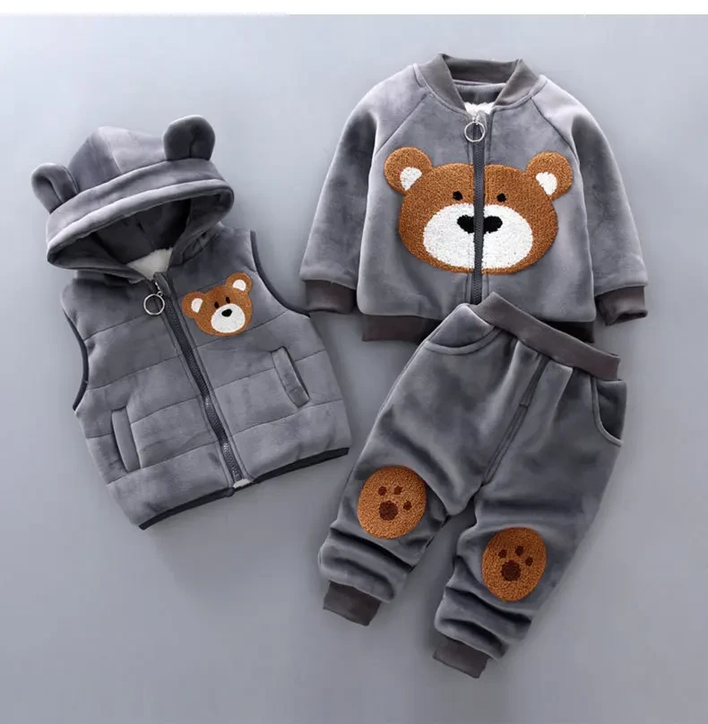 New Children's Clothing Winter Suit Toddler Boy Girl Fashion Cartoon Bear fleece Thick Warm 3PCS Set Vest Hooded Tops Pants 0-4Y