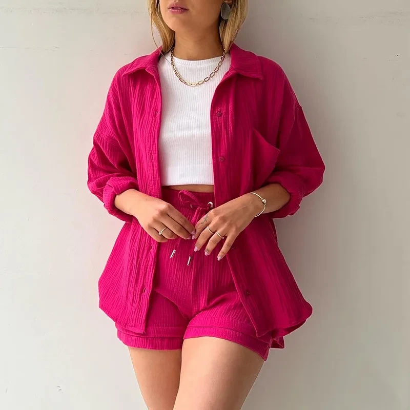 Cross-Border Women's Pleated Long Sleeve Shirt High Waist Drawstring Shorts Fashion Casual Two-Piece Set Skirt Ensemble