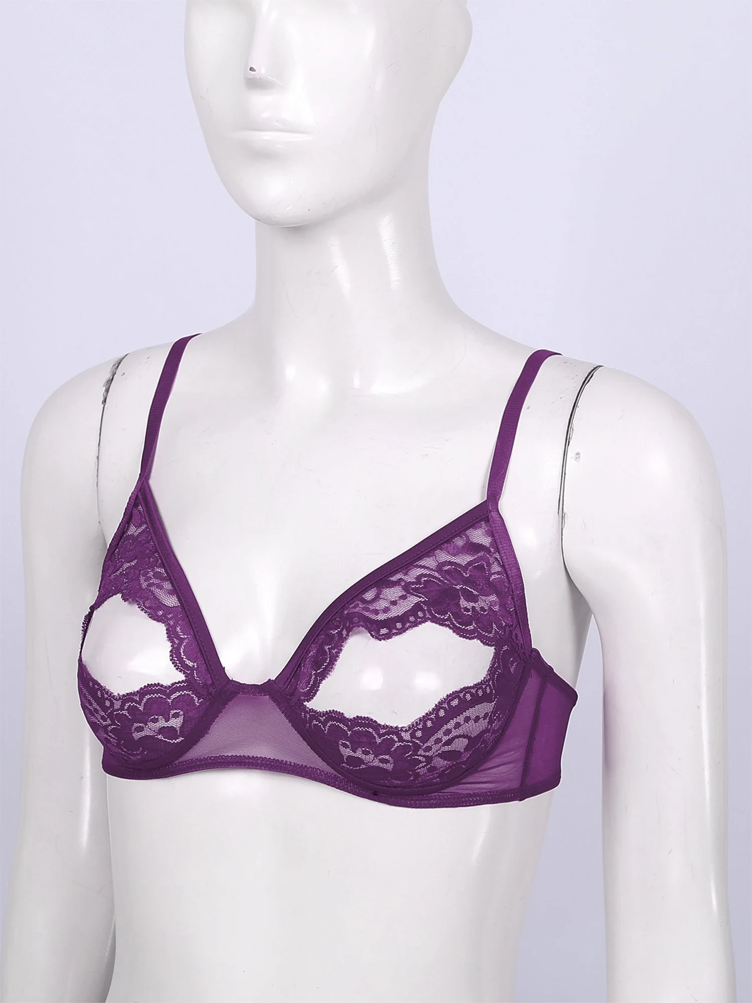 Womens Lingerie Soft Sheer Lace Floral Adjustable Spaghetti Shoulder Straps Nipple Split Bralette Wire-free Unlined Exotic Bras