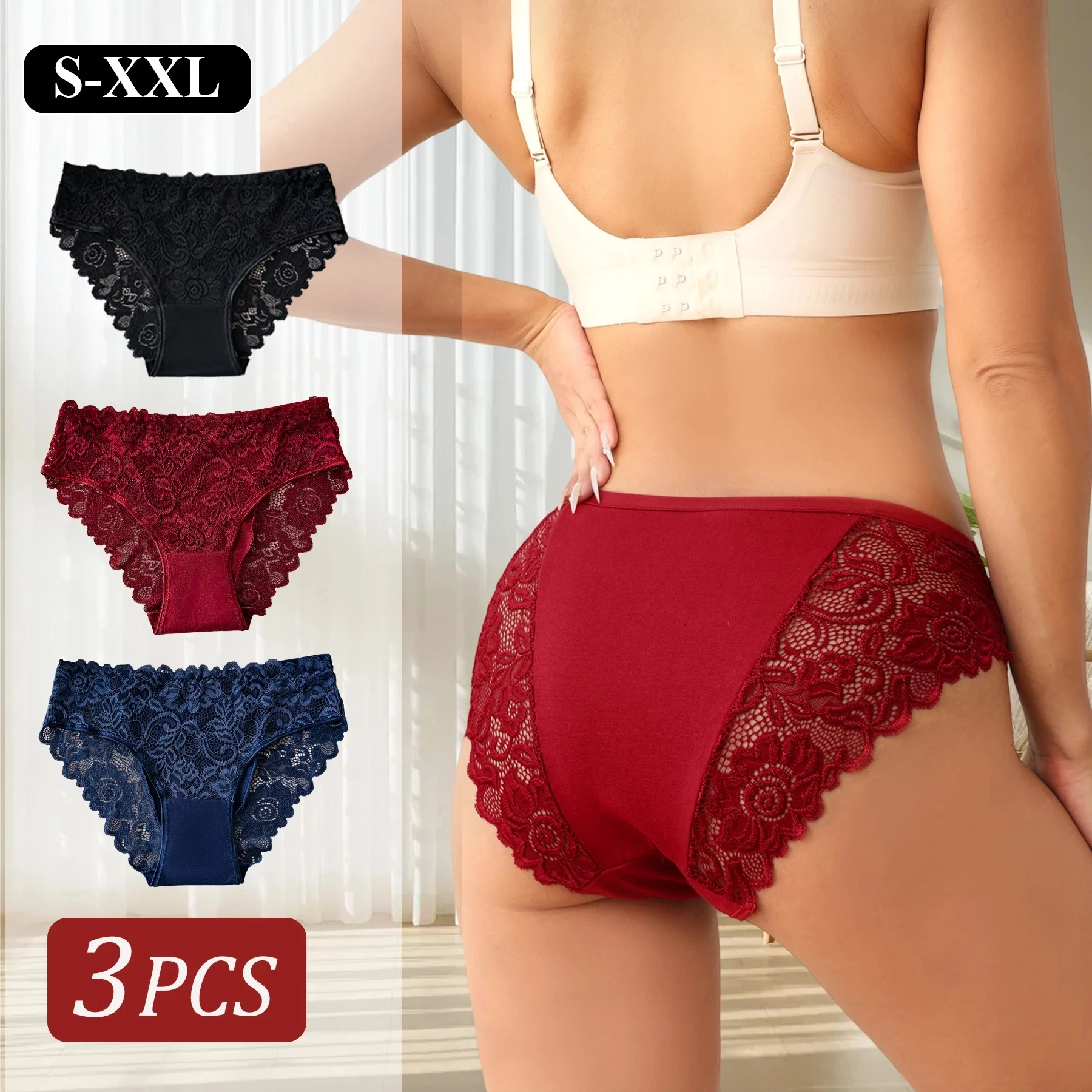 3PCS Cotton Women's Underwear Elegant Floral Lace Mid-Rise Panties Solid Color Hollow Out Sexy Briefs High Quality Lingerie