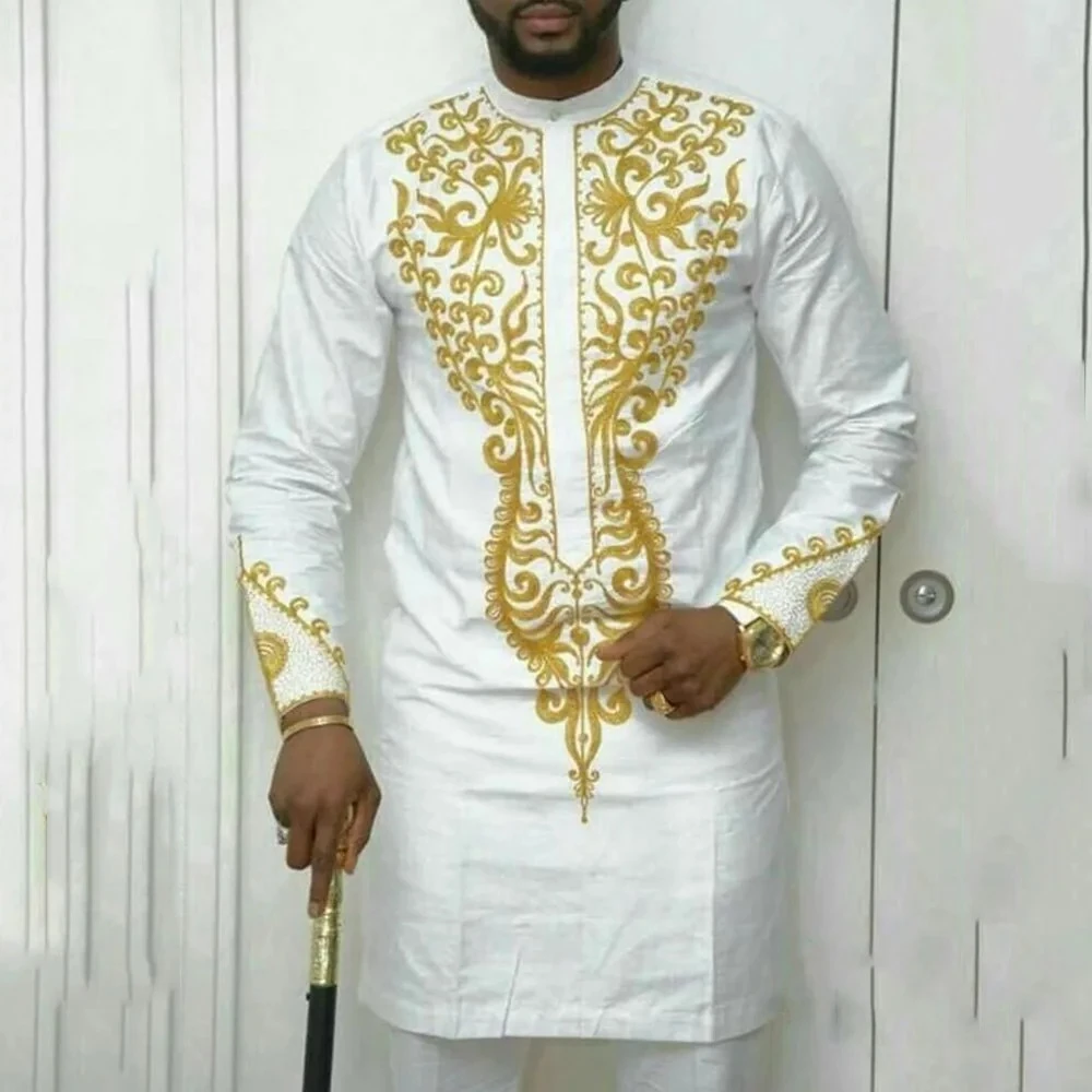 African Men Embroidery Shirt Outfits Africa Long Sleeve Round Collar Top Pants Two Piece Traditional Ethnic Party Wedding Suit
