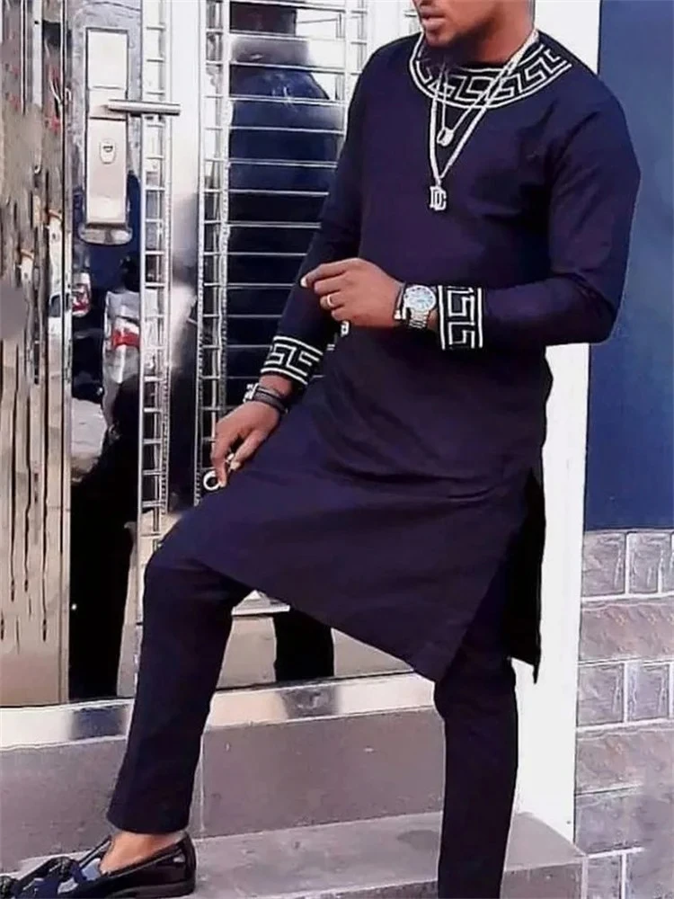 Men's chic casual black geometric print two-piece suit